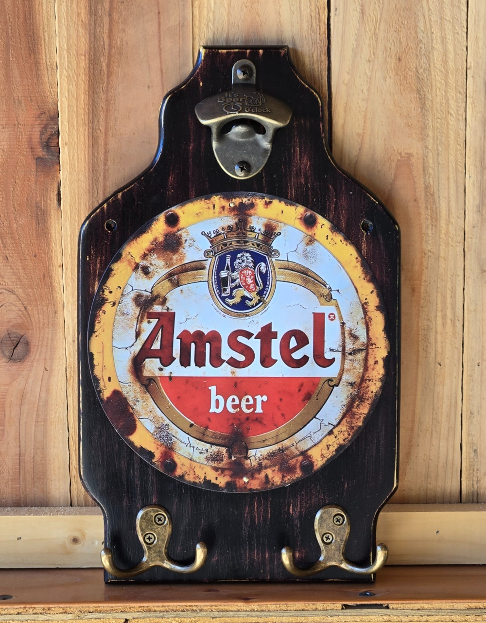Amstel Beer Wall Mount Plaque, Vintage Look, Solid Wood w/ Bottle Opener & Hooks
